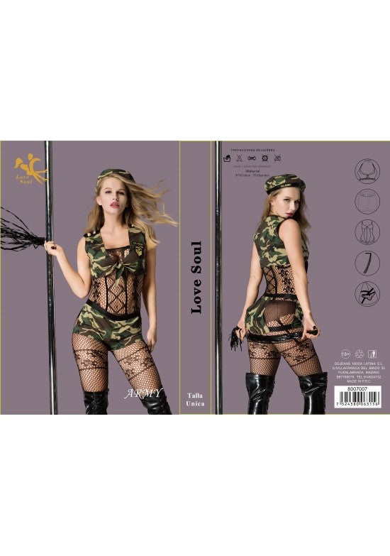 Disfraz militar army mujer con top camuflaje, pantalón rejilla y gorra