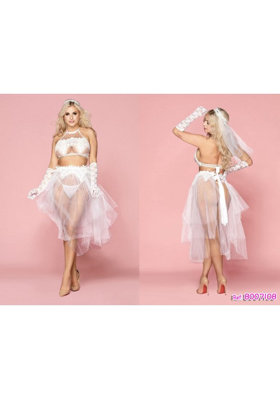 Conjunto lencero novia blanco con falda maxi de tul, guantes y diadema
