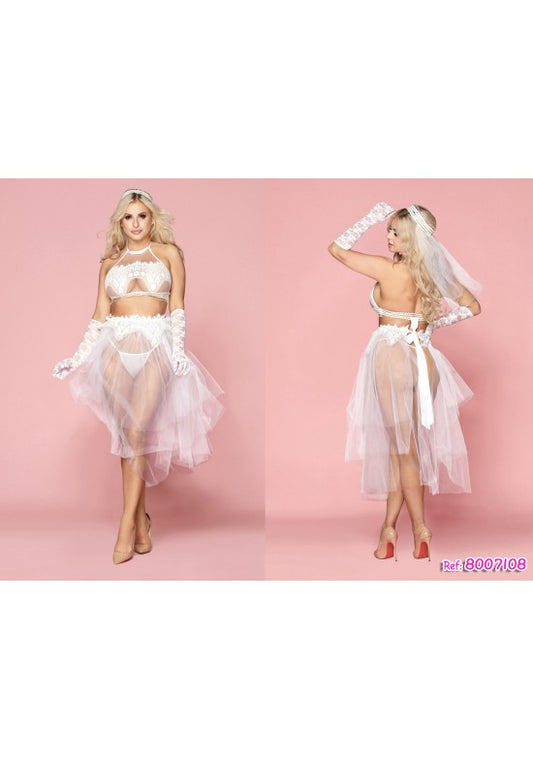 Conjunto lencero novia blanco con falda maxi de tul, guantes y diadema