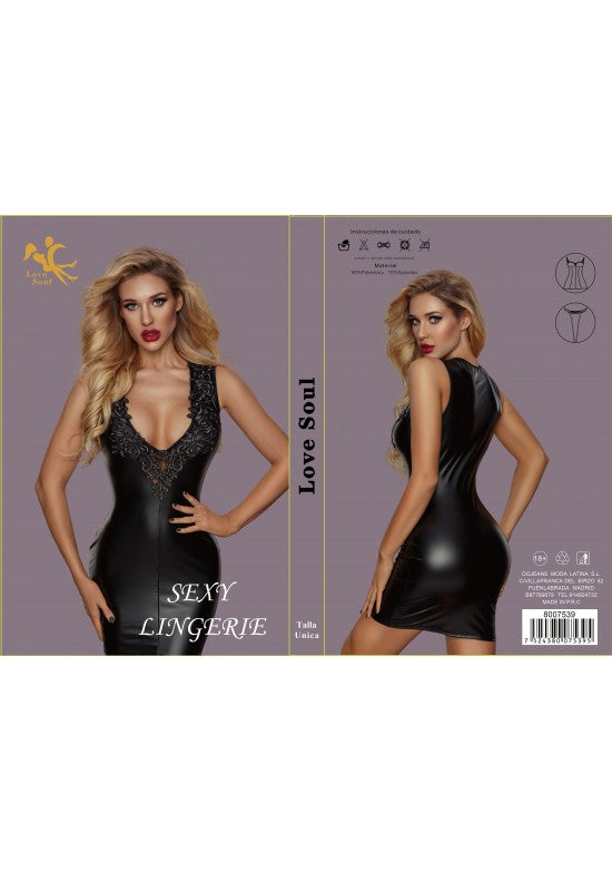 Minivestido negro efecto cuero con escote en V y encaje dorado Love Soul