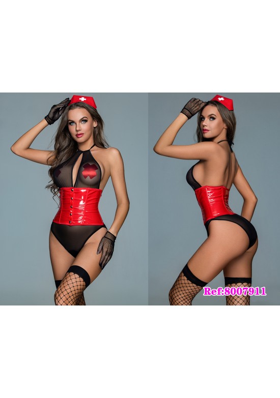 Disfraz de enfermera con body negro transparente y cinturón vinilo rojo