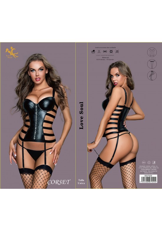 Corset negro efecto cuero con tiras laterales y liguero Love Soul
