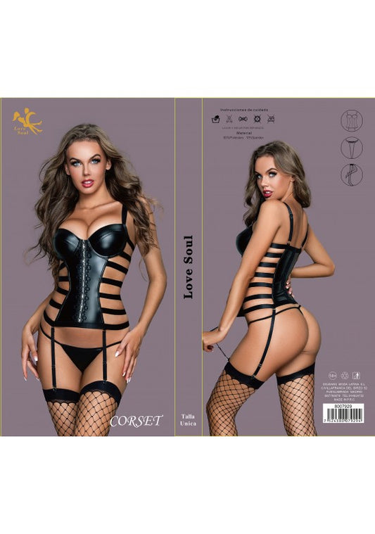 Corset negro efecto cuero con tiras laterales y liguero Love Soul