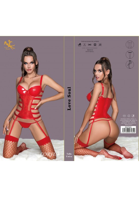 Corset rojo de vinilo con tiras laterales y liguero Love Soul