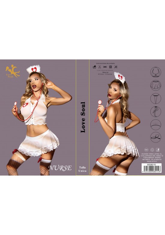 Disfraz de enfermera Love Soul blanco con encaje, cofia, minifalda y medias de rejilla