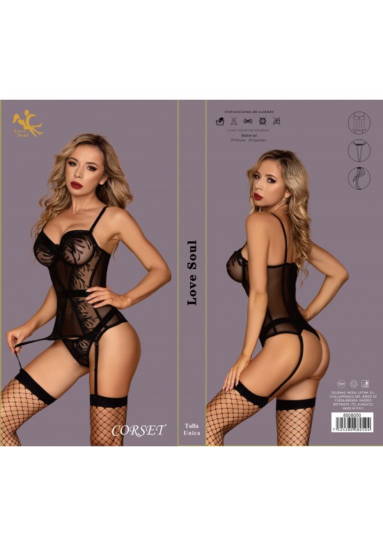 Corsé negro de tul bordado con liguero integrado marca Love Soul