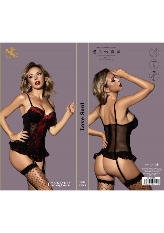 Corsé negro y rojo con encaje, falda con volante y ligueros