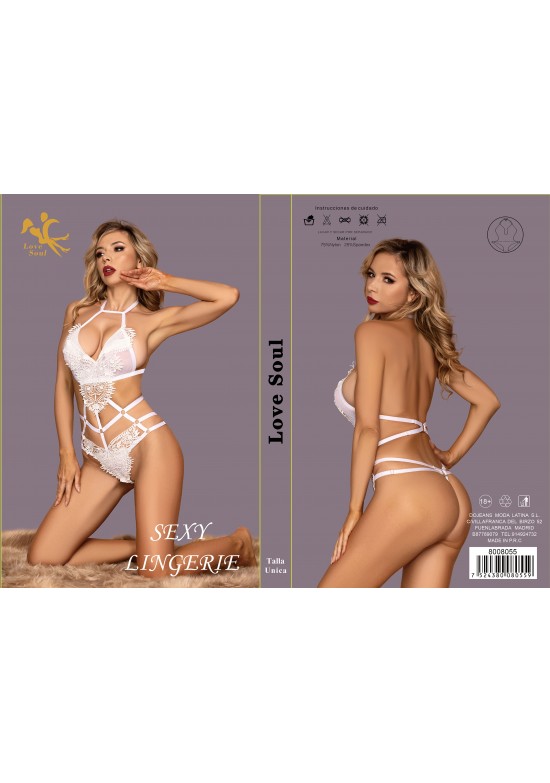 Body lencería blanco con encaje floral y tiras cruzadas en el abdomen
