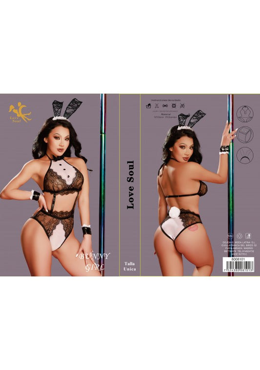 Conjunto lencería bunny girl encaje negro con orejas de conejo y pompón blanco