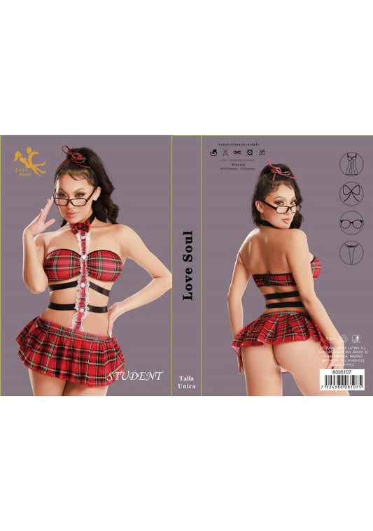 Disfraz de estudiante sexy en cuadros escoceses rojos con top y minifalda plisada