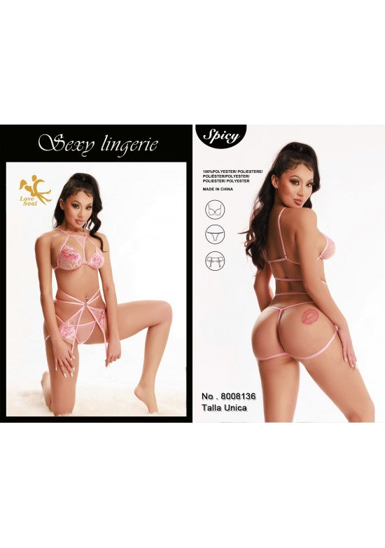 Conjunto lencería tres piezas rosa flores bordadas con cinturón strappy vista frontal y trasera