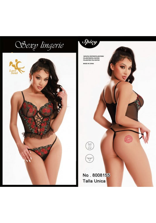Body corsé negro con bordado de rosas rojas y tanga a juego