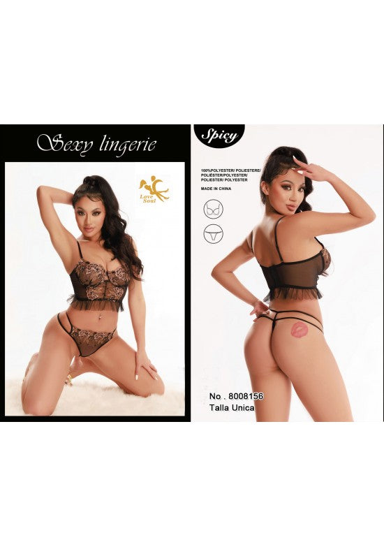 Conjunto de lencería negro de encaje floral con top y tanga a juego