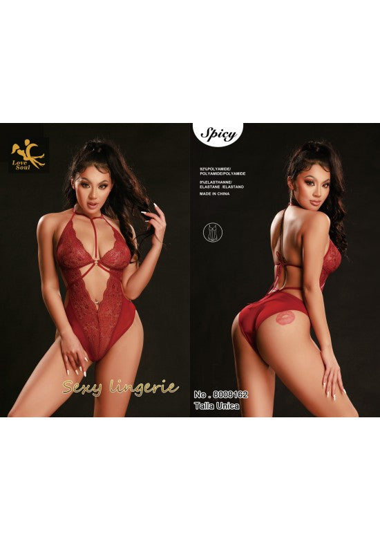 Body de encaje rojo con cuello halter y abertura delantera, espalda al descubierto