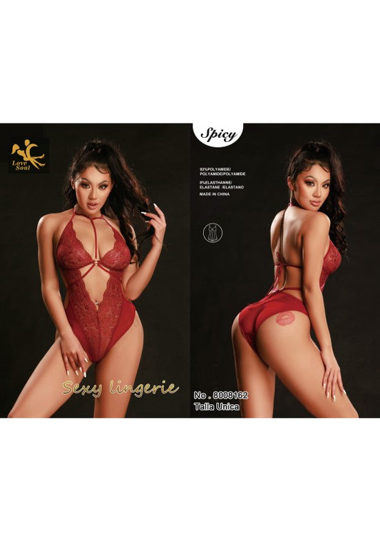 Body de encaje rojo con cuello halter y abertura delantera, espalda al descubierto