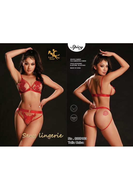 Conjunto de lencería roja de encaje con sujetador y tanga con tiras decorativas