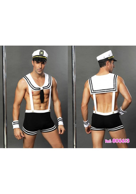 Disfraz de marinero hombre blanco y negro con gorra de capitán y muñequeras