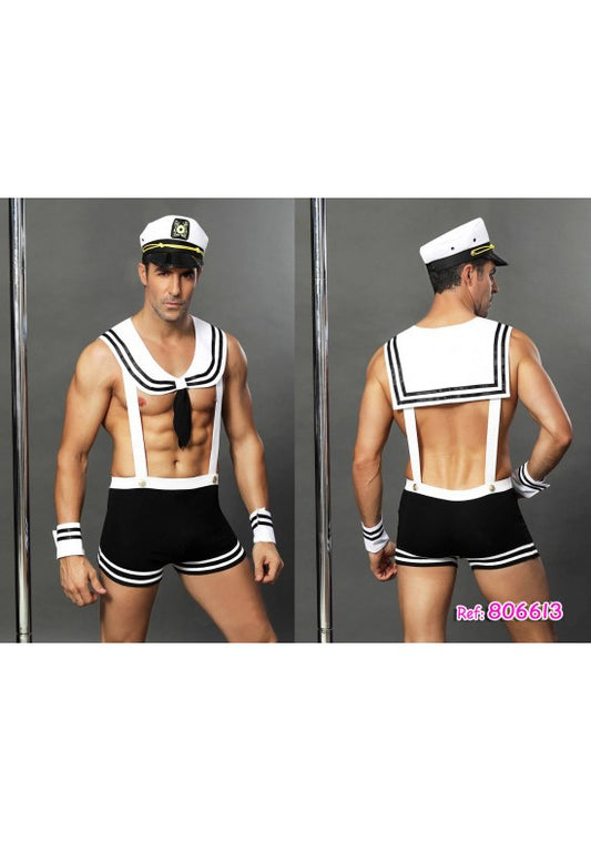 Disfraz de marinero hombre blanco y negro con gorra de capitán y muñequeras