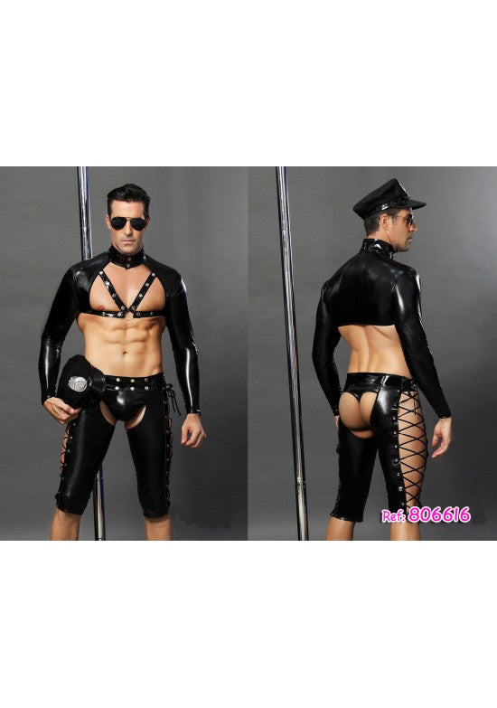 Disfraz de policía masculino negro wetlook con arnés de pecho y pantalón con cordones laterales