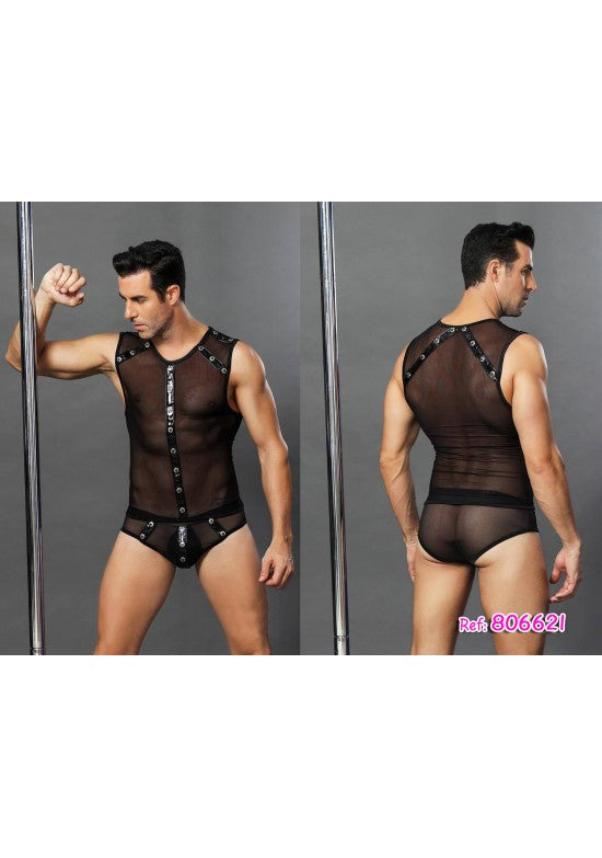 Top masculino de malla negra semitransparente con tachuelas metálicas y slip a juego