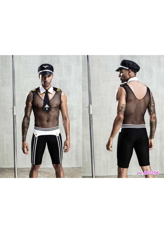 Disfraz de piloto para hombre con top de malla negra, corbata, gorra y shorts bicolor