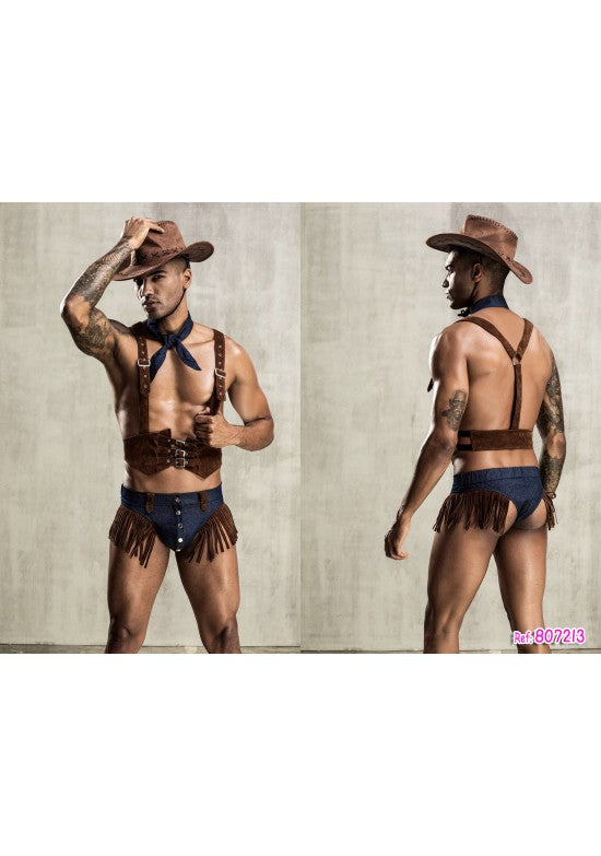 Disfraz vaquero masculino con arnés marrón, slip denim con flecos y sombrero cowboy