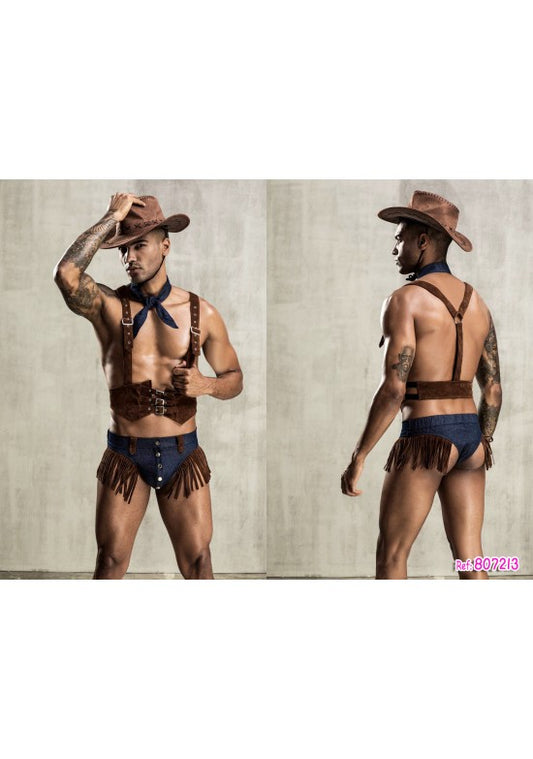 Disfraz vaquero masculino con arnés marrón, slip denim con flecos y sombrero cowboy