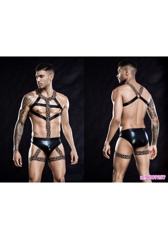 Conjunto harness masculino con arnés leopardo, ligas de muslo y braguita vinilo negro
