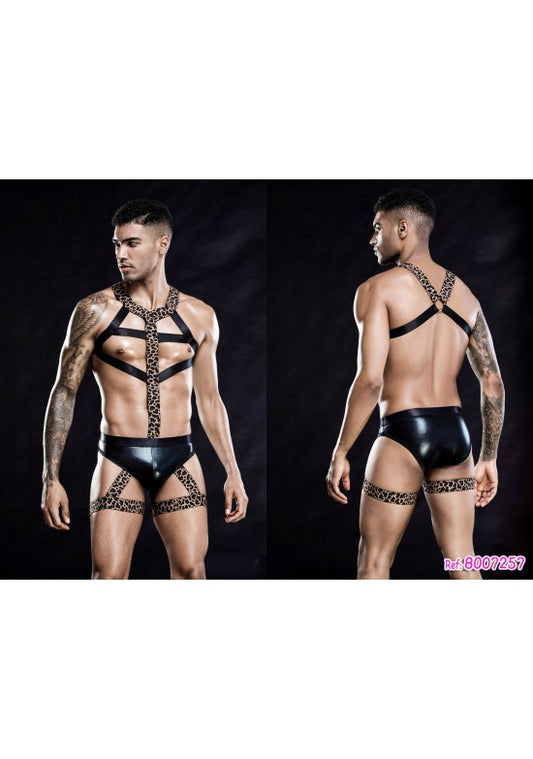 Conjunto harness masculino con arnés leopardo, ligas de muslo y braguita vinilo negro