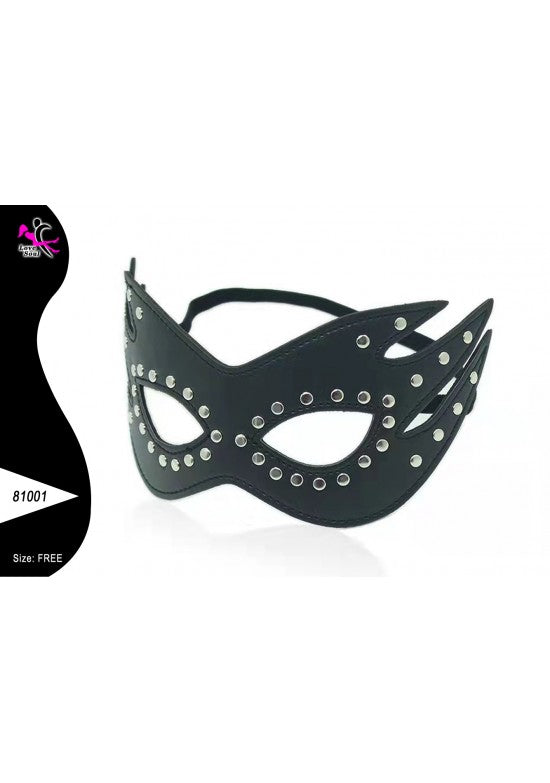 Antifaz felino negro estilo cat-eye con remaches plateados en polipiel