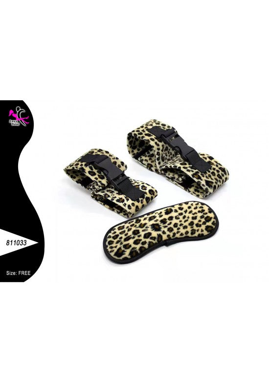 Kit de esposas de muñeca y antifaz en tejido leopardo suave beige y negro