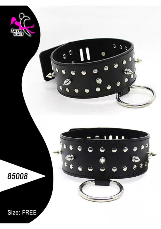 Collar fetish negro ancho con tachuelas y anilla metálica plateada