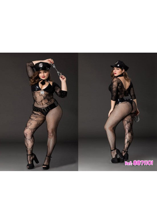 Disfraz de policía mujer plus size con bodystocking de red negro y accesorios