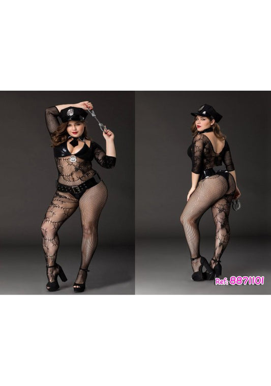 Disfraz de policía mujer plus size con bodystocking de red negro y accesorios