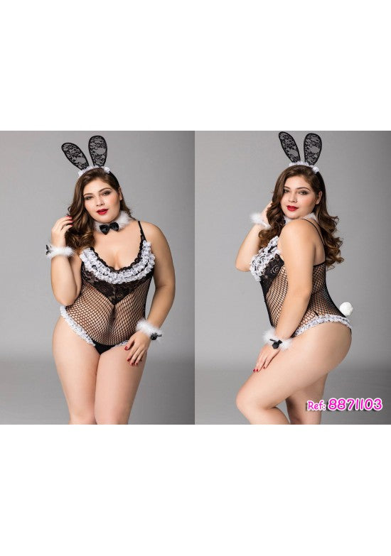 Body disfraz conejita negro de rejilla con orejas de encaje y puños blancos, talla grande
