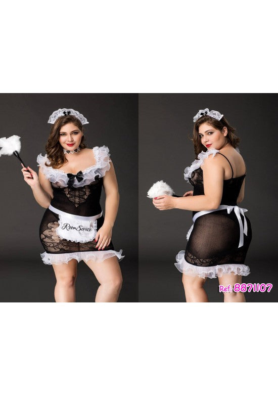 Disfraz de camarera plus size en encaje negro con delantal blanco y diadema