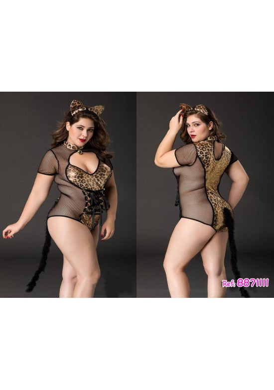 Body disfraz gatita leopardo de malla negra con orejas y cola, talla grande
