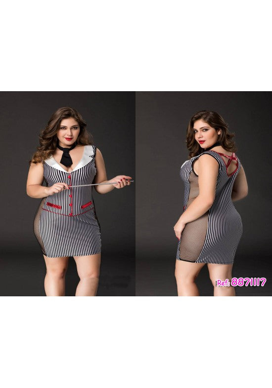 Disfraz de secretaria talla grande a rayas blancas y negras con corbata y panel de red en lateral, vistas frontal y trasera