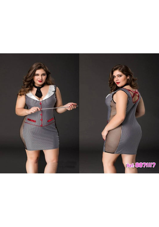 Disfraz de secretaria talla grande a rayas blancas y negras con corbata y panel de red en lateral, vistas frontal y trasera