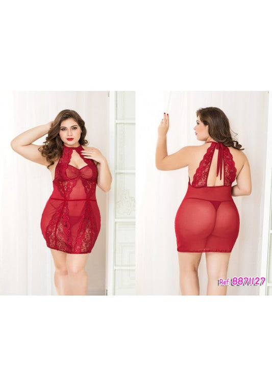 Babydoll rojo halter de tul y encaje floral para tallas grandes, vista frontal y trasera