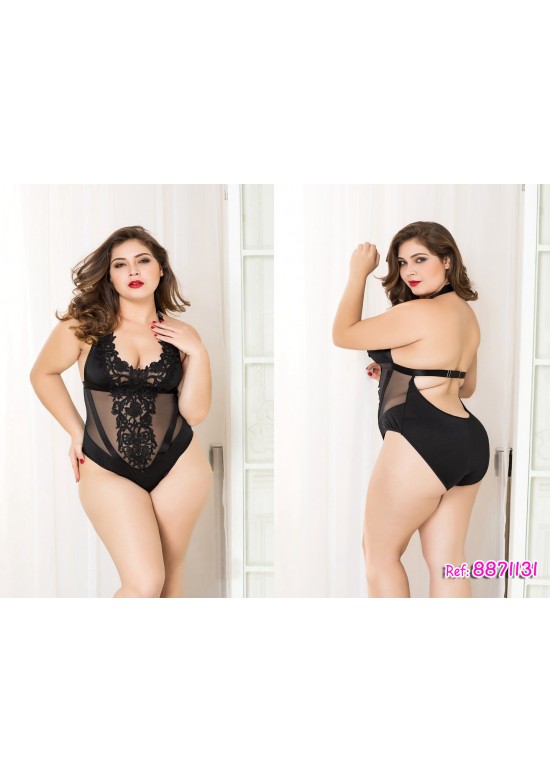 Body halter negro de encaje y tul con espalda abierta, talla grande