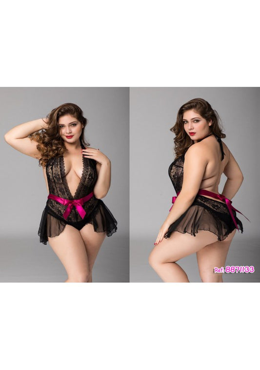 Babydoll negro de encaje y tul con lazo fucsia en la cintura, talla grande, vistas frontal y trasera