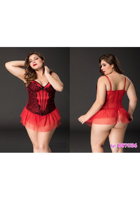 Corsé rojo con encaje negro y falda de tul, talla grande, vistas frontal y trasera
