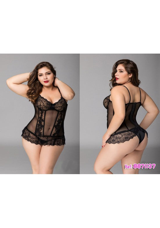 Conjunto corset negro semitransparente con encaje y tanga para tallas grandes