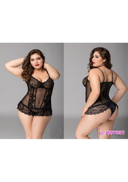 Conjunto corset negro semitransparente con encaje y tanga para tallas grandes