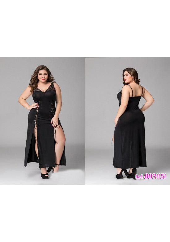 Vestido largo lencero negro con cordones y abertura lateral para tallas grandes