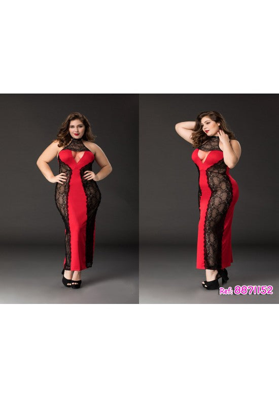 Vestido largo lencero rojo y negro con encaje floral para tallas grandes