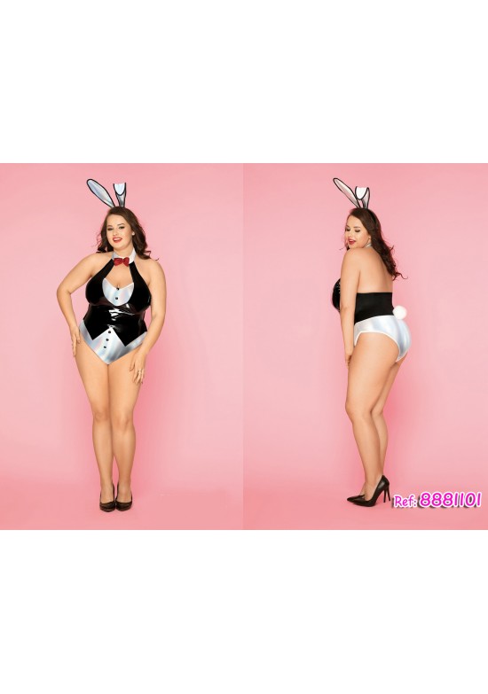 Disfraz de conejita esmoquin en body bicolor negro y blanco satinado con orejas y cola pompón, talla grande