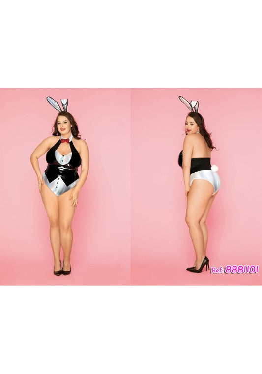 Disfraz de conejita esmoquin en body bicolor negro y blanco satinado con orejas y cola pompón, talla grande