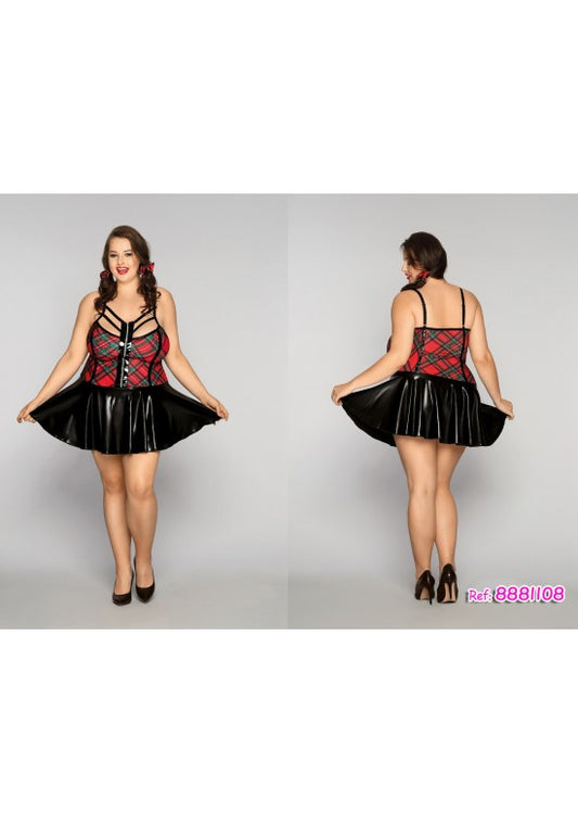 Disfraz de colegiala plus size con corpiño tartán rojo y falda efecto vinilo negro